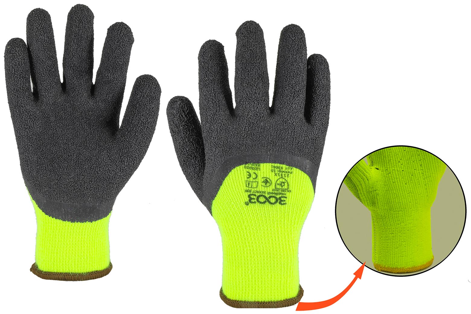 Рукавички 3003 RANVIK, трикотажні утеплені з латексним обливом 3/4, жовто-чорні